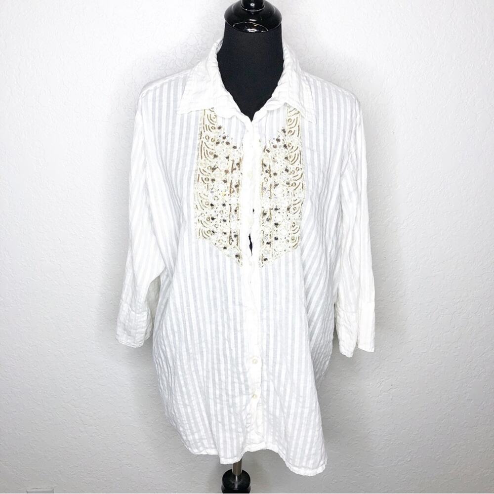 Antica Sartoria white striped‎ beaded embellished button down tunic top size XL